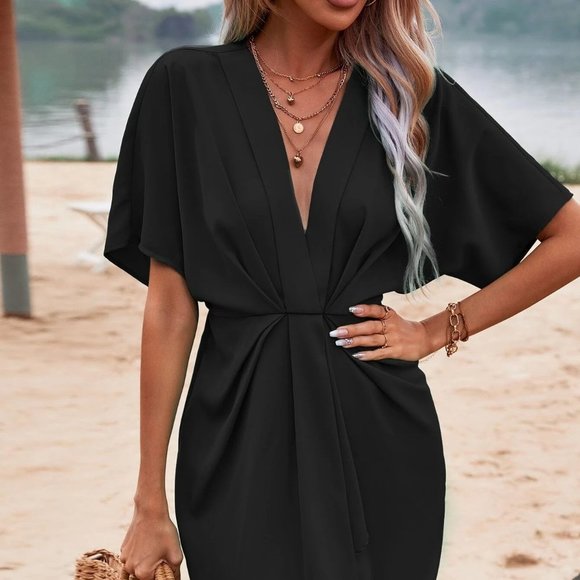 . Dresses & Skirts - Black Boho Womens Solid Ruched Front Batwing Sleeve Dress